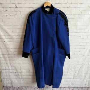 Vintage Nina Ricci Boutique Blue Black Embroidered Full Length Wool Coat Size 42